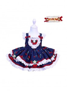 Retro Navy Blue Contrasting Colors Cherry Red Doll Bowknot Cute Lace Sweet Lolita Sleeveless Princess Kid Dress JSK