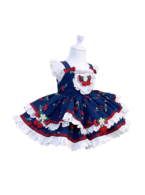 Retro Navy Blue Contrasting Colors Cherry Red Doll Bowknot Cute Lace Sweet Lolita Sleeveless Princess Kid Dress JSK