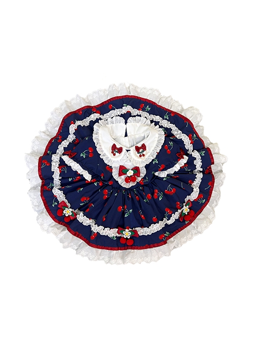 Retro Navy Blue Contrasting Colors Cherry Red Doll Bowknot Cute Lace Sweet Lolita Sleeveless Princess Kid Dress JSK