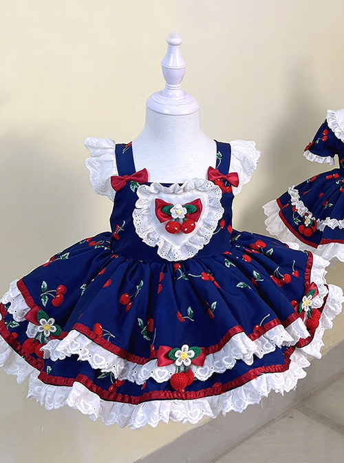 Retro Navy Blue Contrasting Colors Cherry Red Doll Bowknot Cute Lace Sweet Lolita Sleeveless Princess Kid Dress JSK