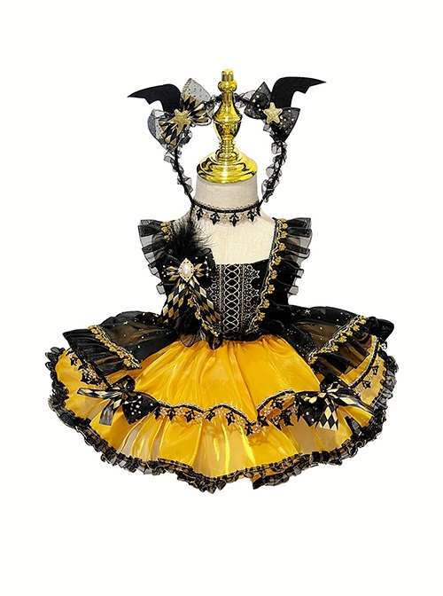 Halloween Black Yellow Pumpkin Little Devil Performance Costume Gothic Lolita Sleeveless Princess Dress JSK