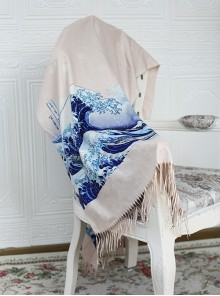 Japanese Kanagawa Famous Painting Blue Waves Elegant Retro Classic Lolita Imitation Cashmere Thin Scarf