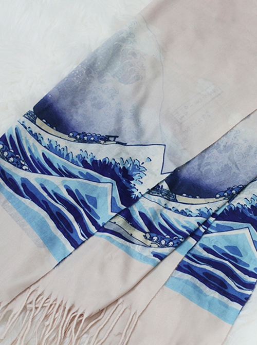 Japanese Kanagawa Famous Painting Blue Waves Elegant Retro Classic Lolita Imitation Cashmere Thin Scarf