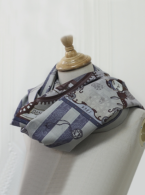 Steampunk Cat Series Gray Blue Stripe Metal Parts Gear Print Thin Imitation Cashmere Double Sides Scarf