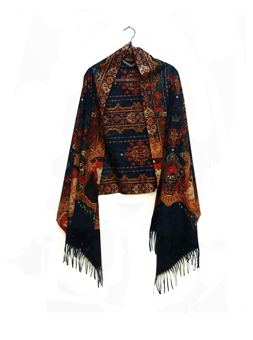 Rossetti Rose Series Deep Blue Imitation Cashmere Double Sides Retro Red European Court Print Classic Lolita Thin Scarf