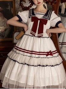 Navy One Series College Style Soft Adorable Navy Collar Stripe Bowknot Sweet Lolita Short Sleeves Long Dress