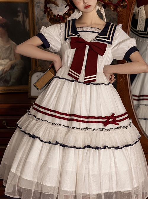 Navy One Series College Style Soft Adorable Navy Collar Stripe Bowknot Sweet Lolita Short Sleeves Long Dress