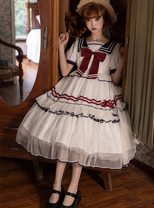 Navy One Series College Style Soft Adorable Navy Collar Stripe Bowknot Sweet Lolita Short Sleeves Long Dress