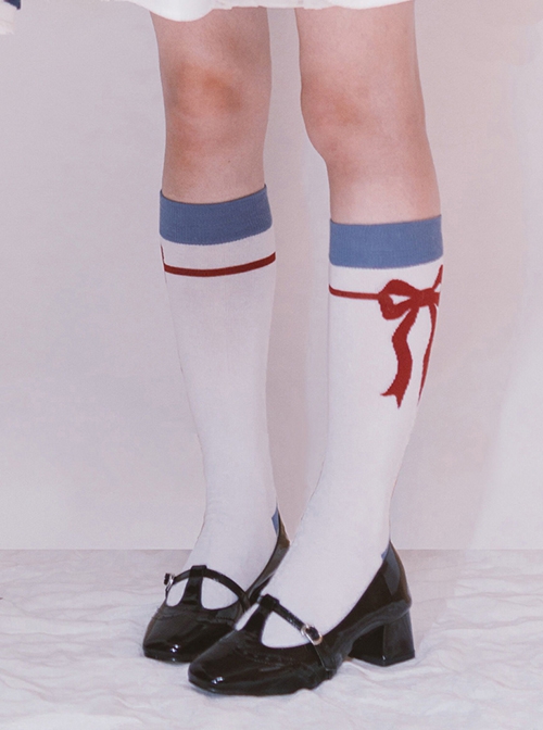 Peace Dove Series Navy Style Navy Blue White Ribbon Bowknot Versatile Sweet Lolita Cotton Knitted Calf Socks