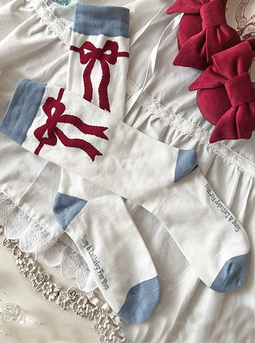 Peace Dove Series Navy Style Navy Blue White Ribbon Bowknot Versatile Sweet Lolita Cotton Knitted Calf Socks