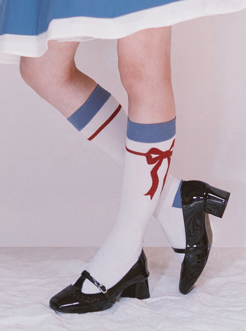 Peace Dove Series Navy Style Navy Blue White Ribbon Bowknot Versatile Sweet Lolita Cotton Knitted Calf Socks