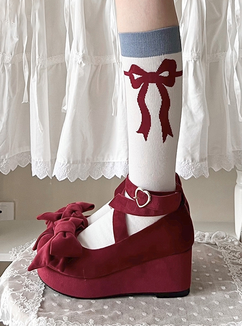 Peace Dove Series Navy Style Navy Blue White Ribbon Bowknot Versatile Sweet Lolita Cotton Knitted Calf Socks