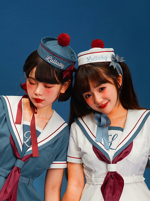 Peace Dove Series Navy Style Deep Red Ball Bowknot Ribbon Cute Sweet Lolita  Blue Sailor Hat