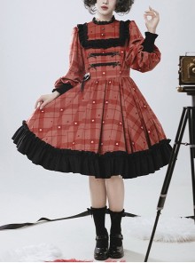 Love Rosehip Series Little Heart Shape Berry Red Plaid Print Spliced Black Lace Sweet Lolita Lamb Leg Sleeves Dress