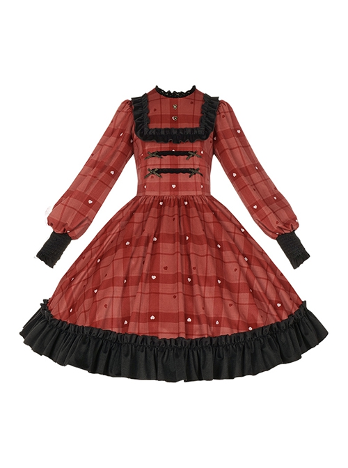 Love Rosehip Series Little Heart Shape Berry Red Plaid Print Spliced Black Lace Sweet Lolita Lamb Leg Sleeves Dress