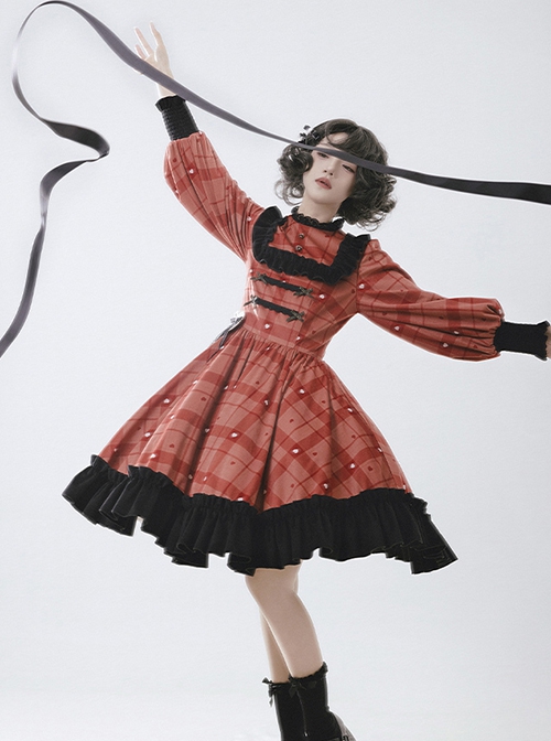 Love Rosehip Series Little Heart Shape Berry Red Plaid Print Spliced Black Lace Sweet Lolita Lamb Leg Sleeves Dress