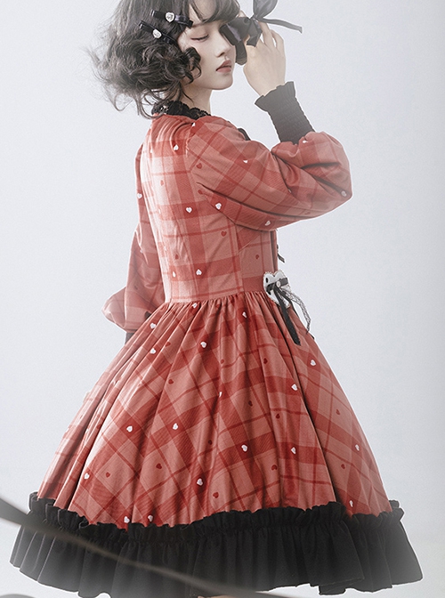 Love Rosehip Series Little Heart Shape Berry Red Plaid Print Spliced Black Lace Sweet Lolita Lamb Leg Sleeves Dress