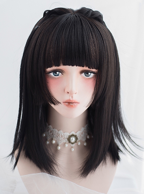 Harajuku Soft Girl Japanese Style Black Princess Cutting Flat Bangs Medium Long Straight Sweet Lolita Full Head Wig