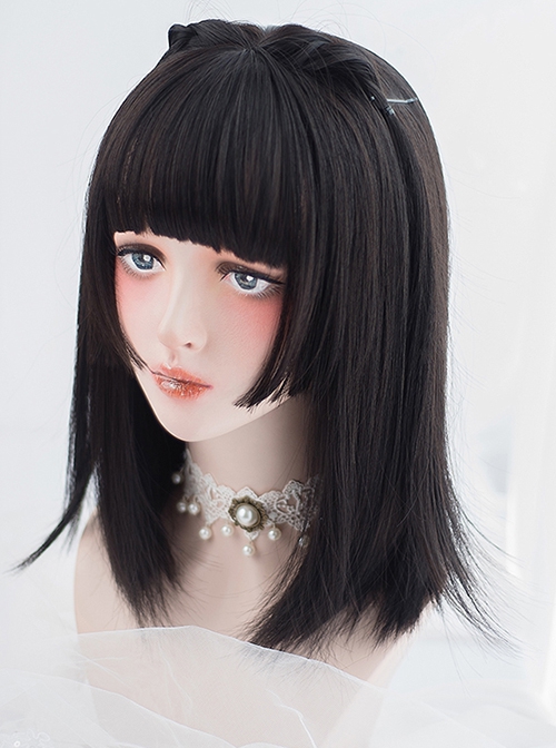 Harajuku Soft Girl Japanese Style Black Princess Cutting Flat Bangs Medium Long Straight Sweet Lolita Full Head Wig