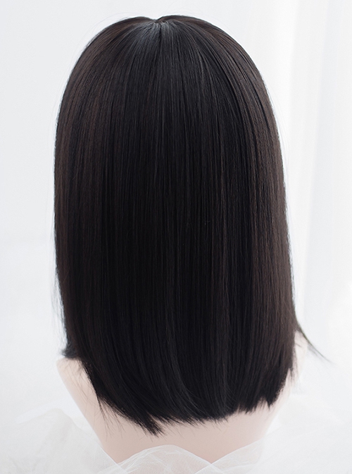 Harajuku Soft Girl Japanese Style Black Princess Cutting Flat Bangs Medium Long Straight Sweet Lolita Full Head Wig