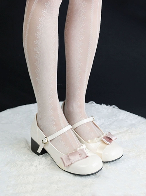 Jenny Gift Series French Ribbon Bowknot Small Square Toe Sweet Lolita Thin Shoelaces Soft Middle Heel Shoes