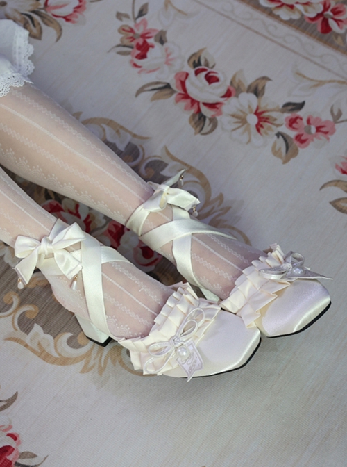 Chocolate Muller Series Fairy Style Ballet Satin Lace Sweet Ribbon Pearl Bowknot Square Toe Classic Lolita Shoes