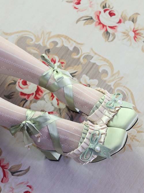 Chocolate Muller Series Fairy Style Ballet Satin Lace Sweet Ribbon Pearl Bowknot Square Toe Classic Lolita Shoes