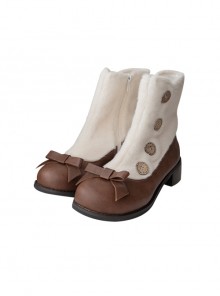 Bean Cake Series Cute Little Lamb Hooves Kawaii Fashion Wooden Buttons Bowknot Mid Heel Plush Boots