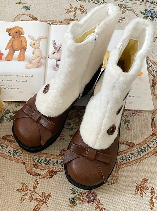 Bean Cake Series Cute Little Lamb Hooves Kawaii Fashion Wooden Buttons Bowknot Mid Heel Plush Boots