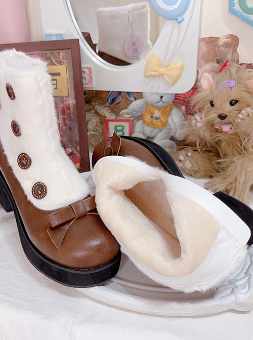 Bean Cake Series Cute Little Lamb Hooves Kawaii Fashion Wooden Buttons Bowknot Mid Heel Plush Boots