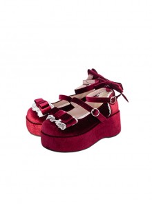 Kirishima Rose Series Velvet Retro Lace Bowknot Round Toe Platform Wedges Sweet Lolita Doll Platform Shoes