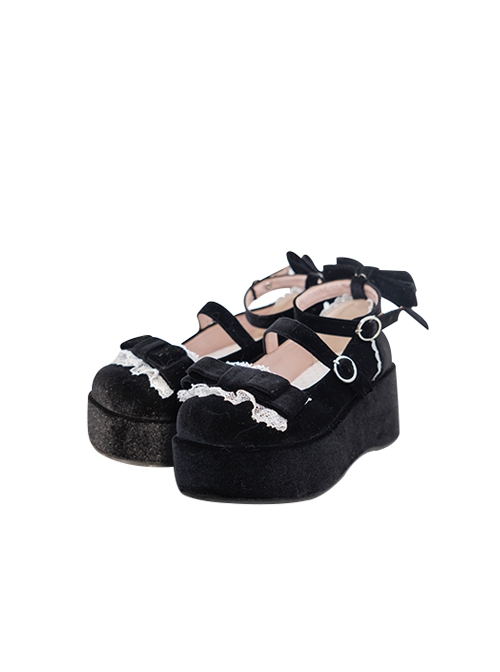 Kirishima Rose Series Velvet Retro Lace Bowknot Round Toe Platform Wedges Sweet Lolita Doll Platform Shoes