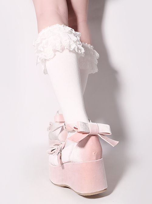 Kirishima Rose Series Velvet Retro Lace Bowknot Round Toe Platform Wedges Sweet Lolita Doll Platform Shoes