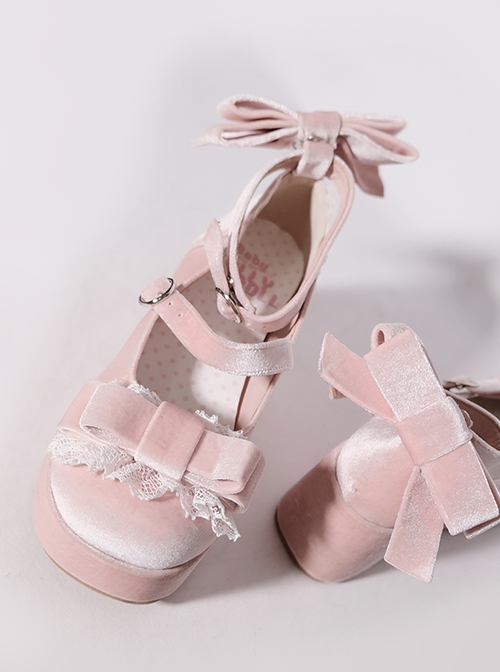 Kirishima Rose Series Velvet Retro Lace Bowknot Round Toe Platform Wedges Sweet Lolita Doll Platform Shoes