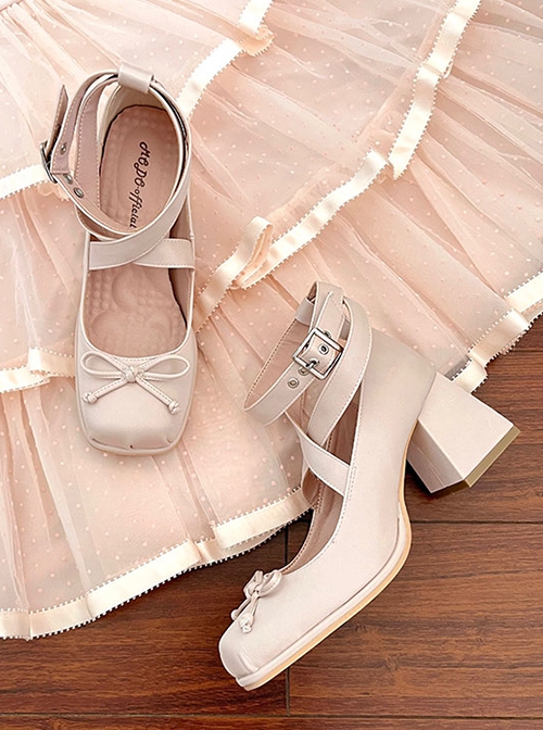 Elegant Square Head Classic Lolita Leather Ballet Style Cross Strap Bowknot Thick High Heels Shallow Mouth Shoes