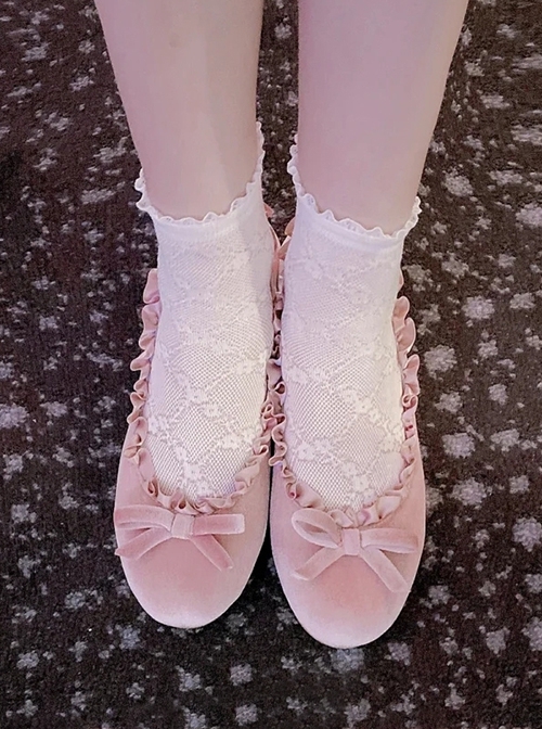 Japanese Gentleness Vintage French Style Bowknot Velvet Shallow Mouth Sweet Lolita Mid Heel Shoes