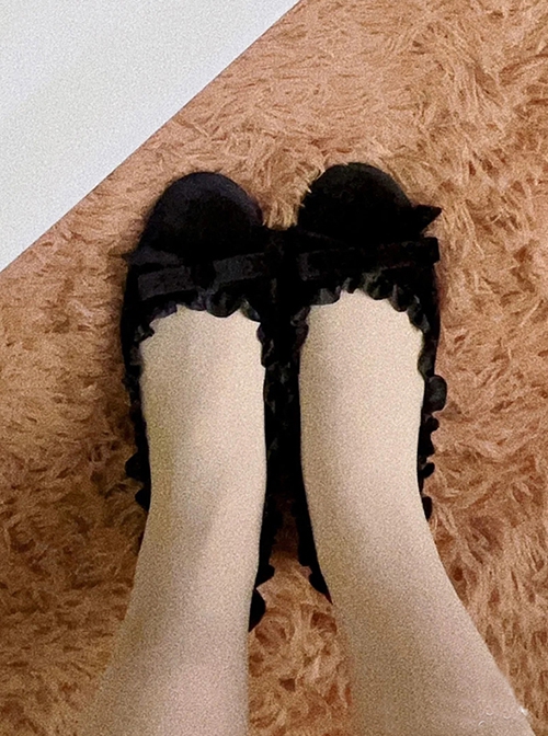 Japanese Gentleness Vintage French Style Bowknot Velvet Shallow Mouth Sweet Lolita Mid Heel Shoes