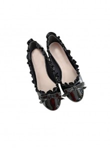 Vintage Elegant French Style Bowknot Patent Leather Glossy Ruffles Shallow Mouth Sweet Lolita Mid Heel Shoes