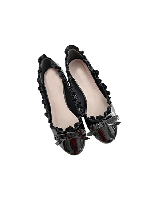 Vintage Elegant French Style Bowknot Patent Leather Glossy Ruffles Shallow Mouth Sweet Lolita Mid Heel Shoes