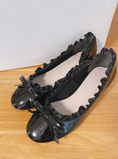 Vintage Elegant French Style Bowknot Patent Leather Glossy Ruffles Shallow Mouth Sweet Lolita Mid Heel Shoes