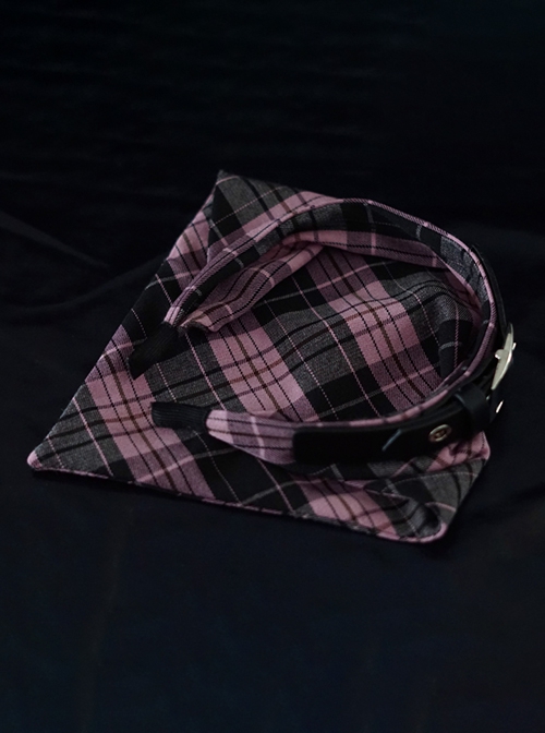 Subculture Cool Stylish Black Pink Plaid Love Leather Buckle Handmade Sweet Lolita Triangular Scarf Headband