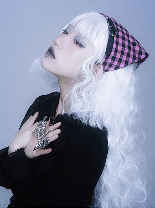 Subculture Cool Stylish Black Pink Plaid Love Leather Buckle Handmade Sweet Lolita Triangular Scarf Headband