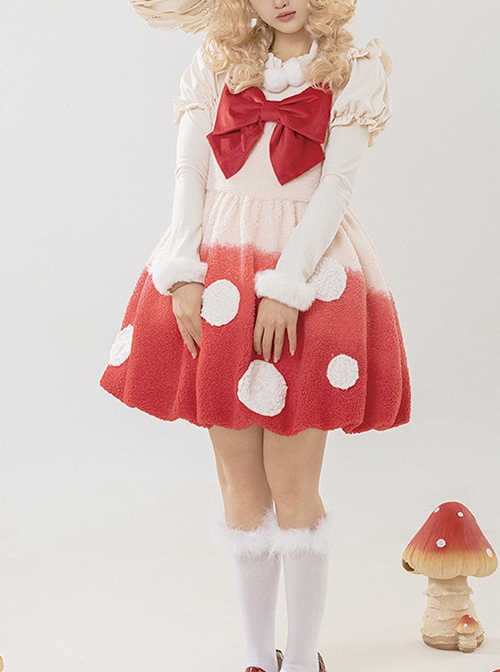 Mushroom Force Series Autumn Winter Big Bowknot Lamb Wool Mushroom Shape Sweet Lolita Sleeveless Dress