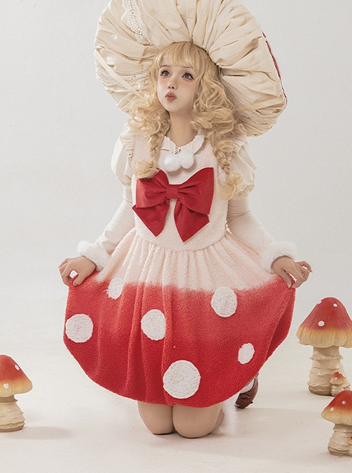 Mushroom Force Series Autumn Winter Big Bowknot Lamb Wool Mushroom Shape Sweet Lolita Sleeveless Dress