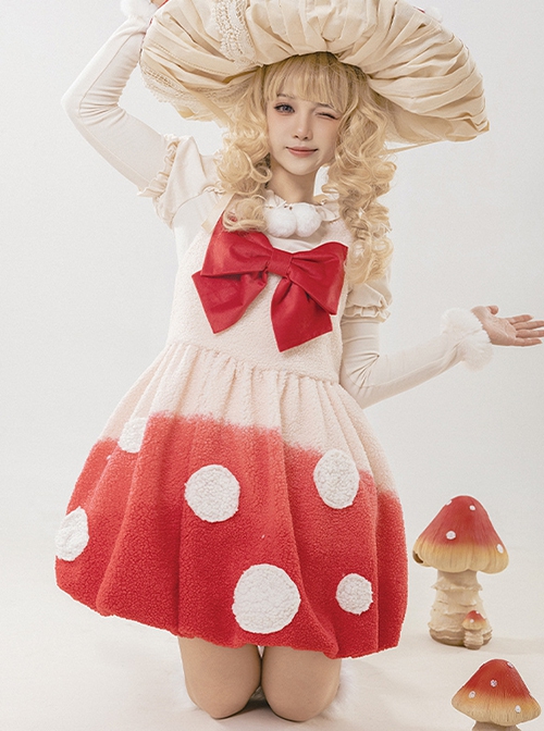 Mushroom Force Series Autumn Winter Big Bowknot Lamb Wool Mushroom Shape Sweet Lolita Sleeveless Dress