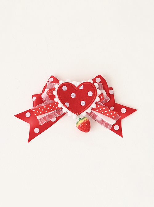 Handmade Red Strawberry Dessert Girl Polka Cute Dots Love Lace Sweet Lolita Bowknot Hairpin