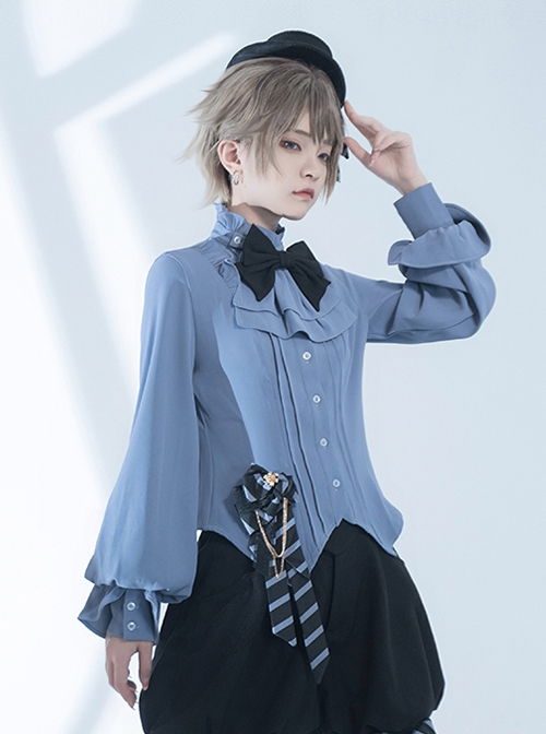 Narrative Maxim Series Ouji Fashion Haze Blue Elegant Prince Style Ruffled Small Stand Collar Lantern Long Sleeves Shirt