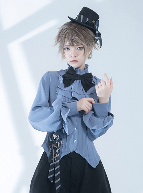 Narrative Maxim Series Ouji Fashion Haze Blue Elegant Prince Style Ruffled Small Stand Collar Lantern Long Sleeves Shirt