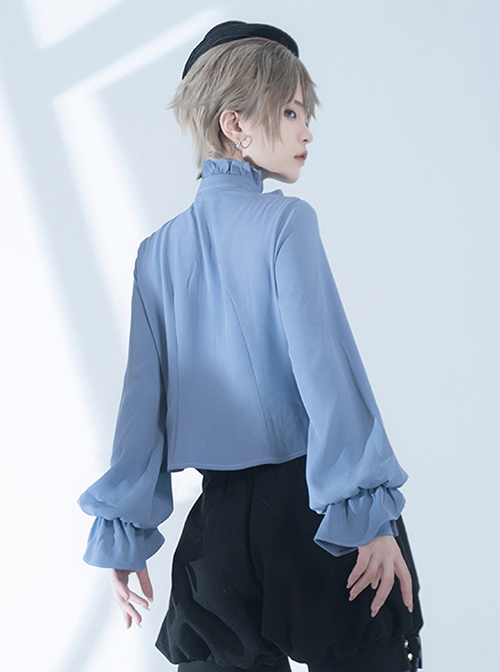 Narrative Maxim Series Ouji Fashion Haze Blue Elegant Prince Style Ruffled Small Stand Collar Lantern Long Sleeves Shirt