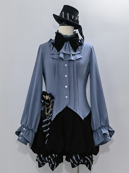 Narrative Maxim Series Ouji Fashion Haze Blue Elegant Prince Style Ruffled Small Stand Collar Lantern Long Sleeves Shirt